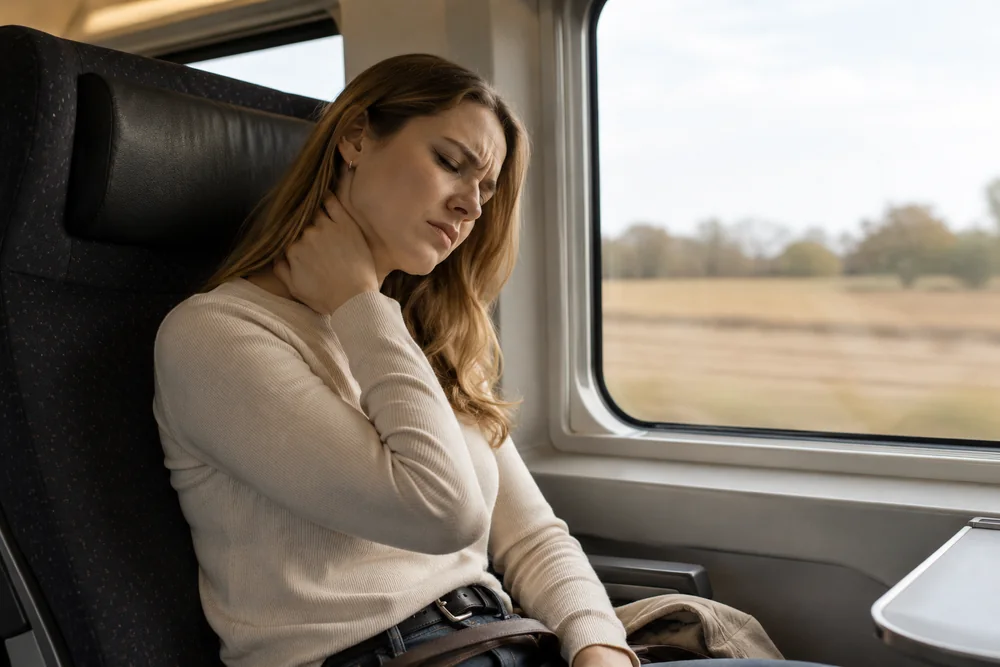 Kvinna som sover sittande i ett tågsäte, huvudet lutar åt sidan
