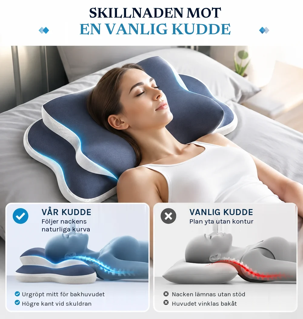 Jämförelse mellan konturkudden och en vanlig plan kudde, sedd från sidan