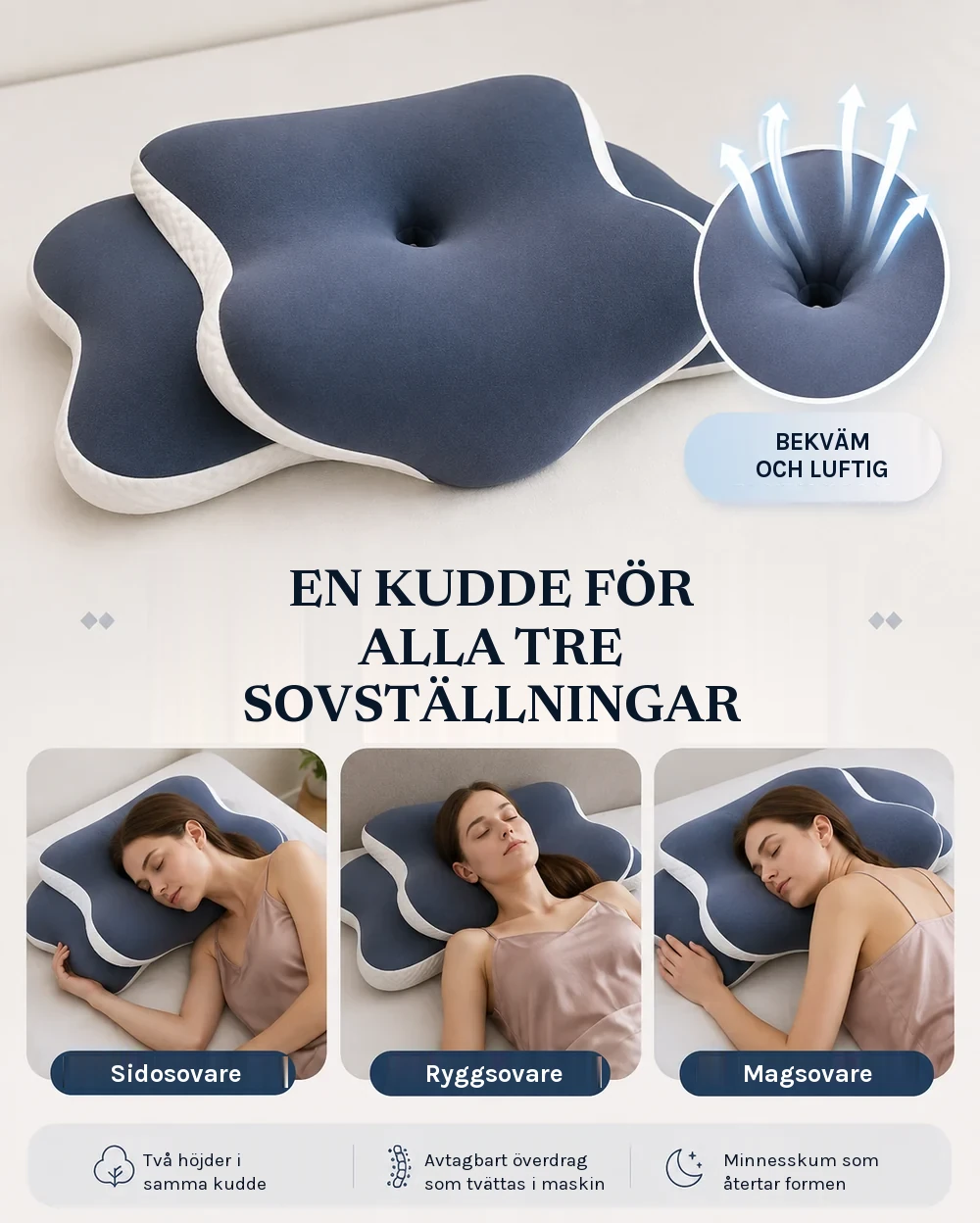 Nackkudden använd i tre sovställningar: på sidan, på rygg och på mage